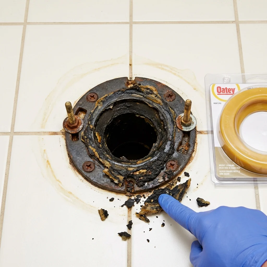 Failed wax ring showing water seepage at the base of a toilet in a Augusta, ME home