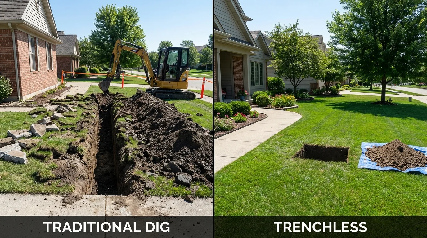 Trenchless sewer repair with minimal yard damage versus traditional excavation in Augusta, ME